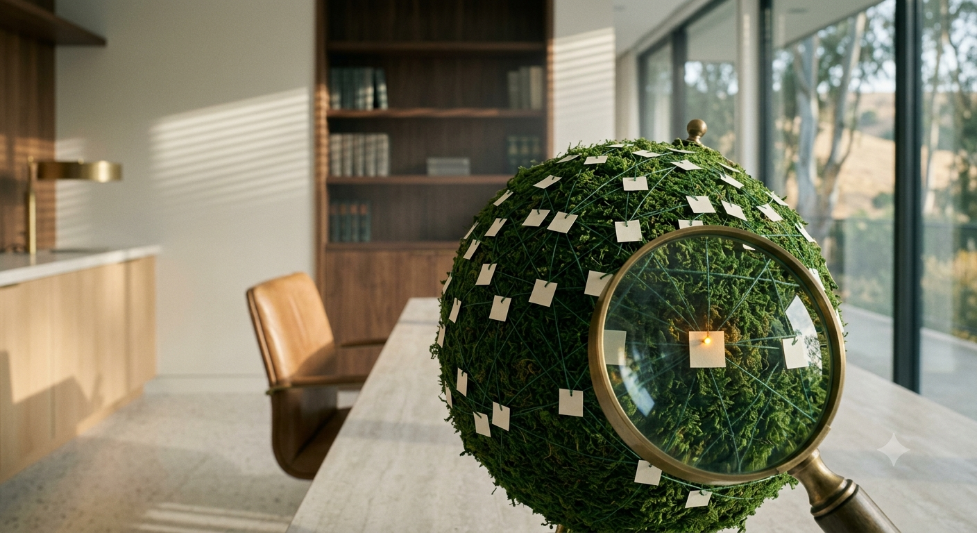 A moss-covered desk globe laced with fine green threads, a brass magnifying glass focusing one warm point of light