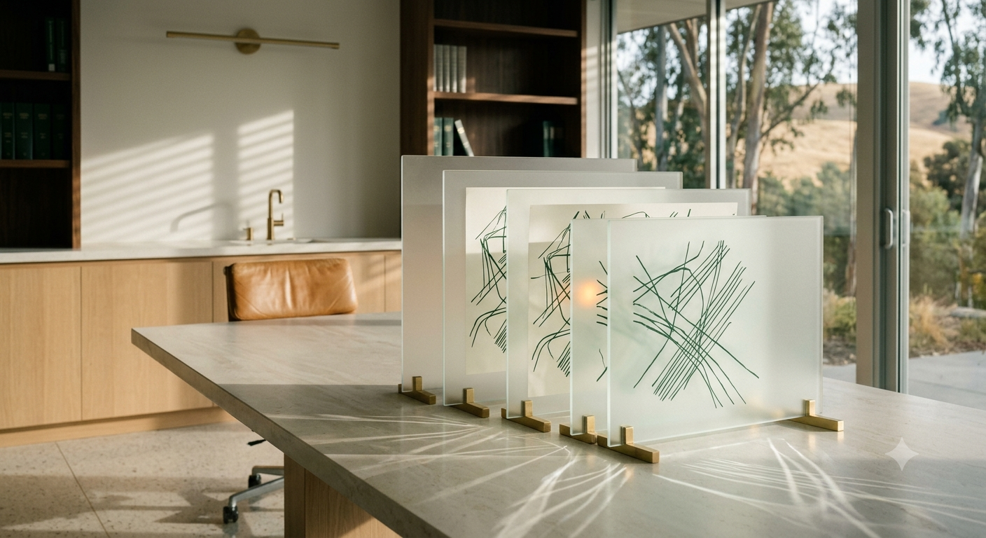 Three frosted glass panels refracting green linework from a claim page, one small warm mark on the middle panel
