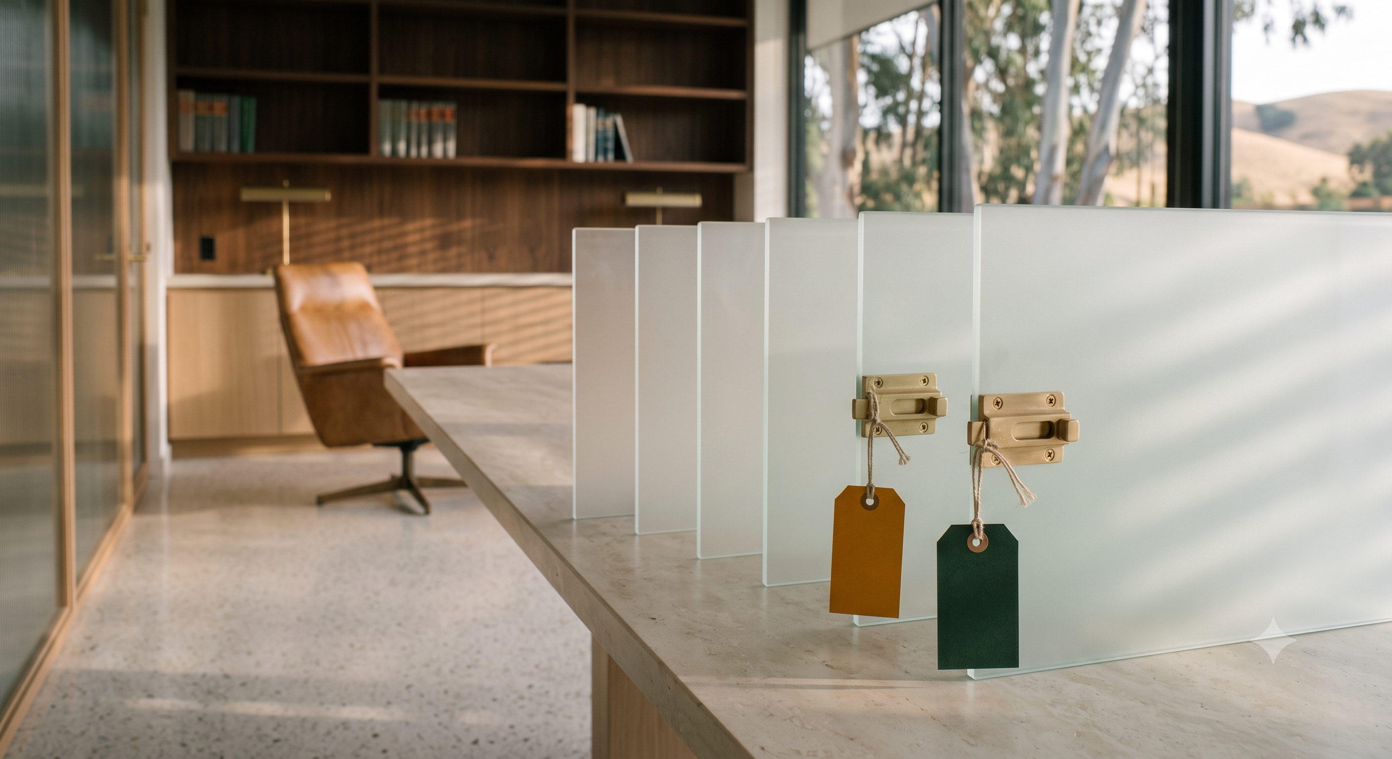 Cascading frosted glass panels with two brass-latched gates held open by green tags and one loose amber tag