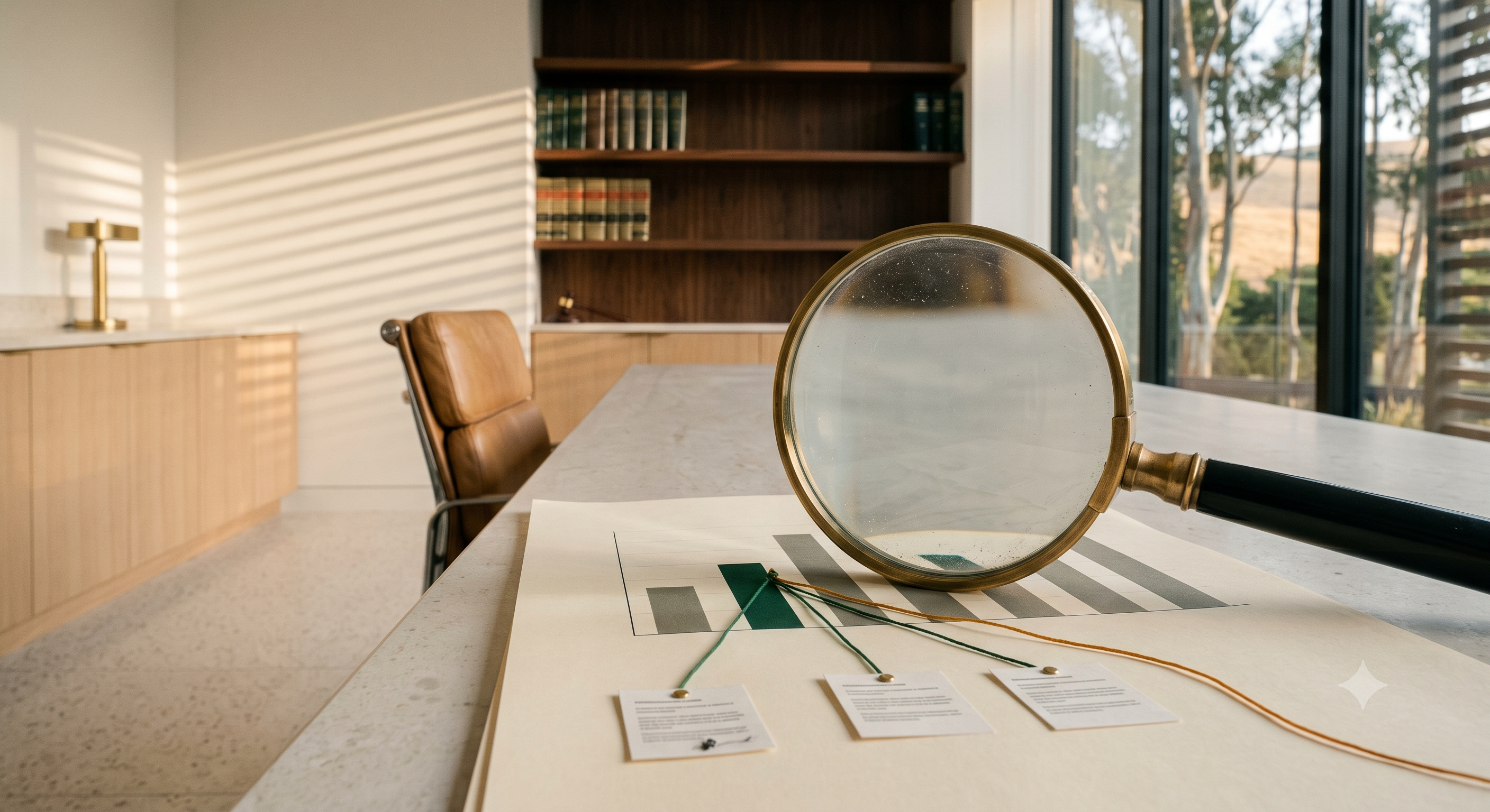 A magnifying glass over a printed bar chart with green threads running from one bar to three document cards